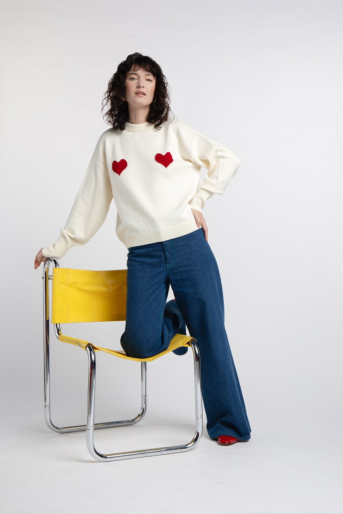 Pull Côme écru cœurs rouges