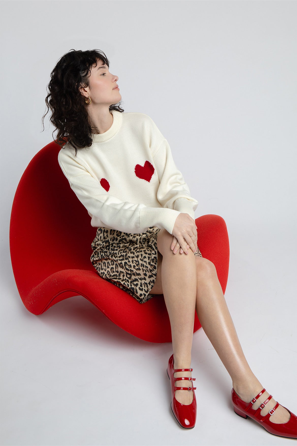 Pull Côme écru cœurs rouges