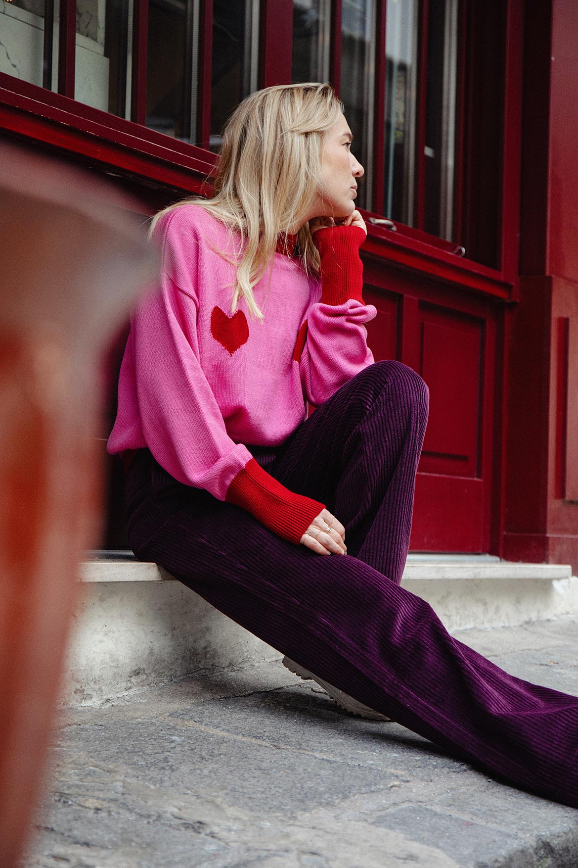 Côme pink sweater with red hearts