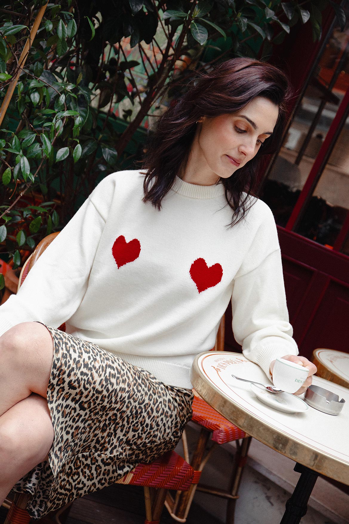 Pull Côme écru cœurs rouges