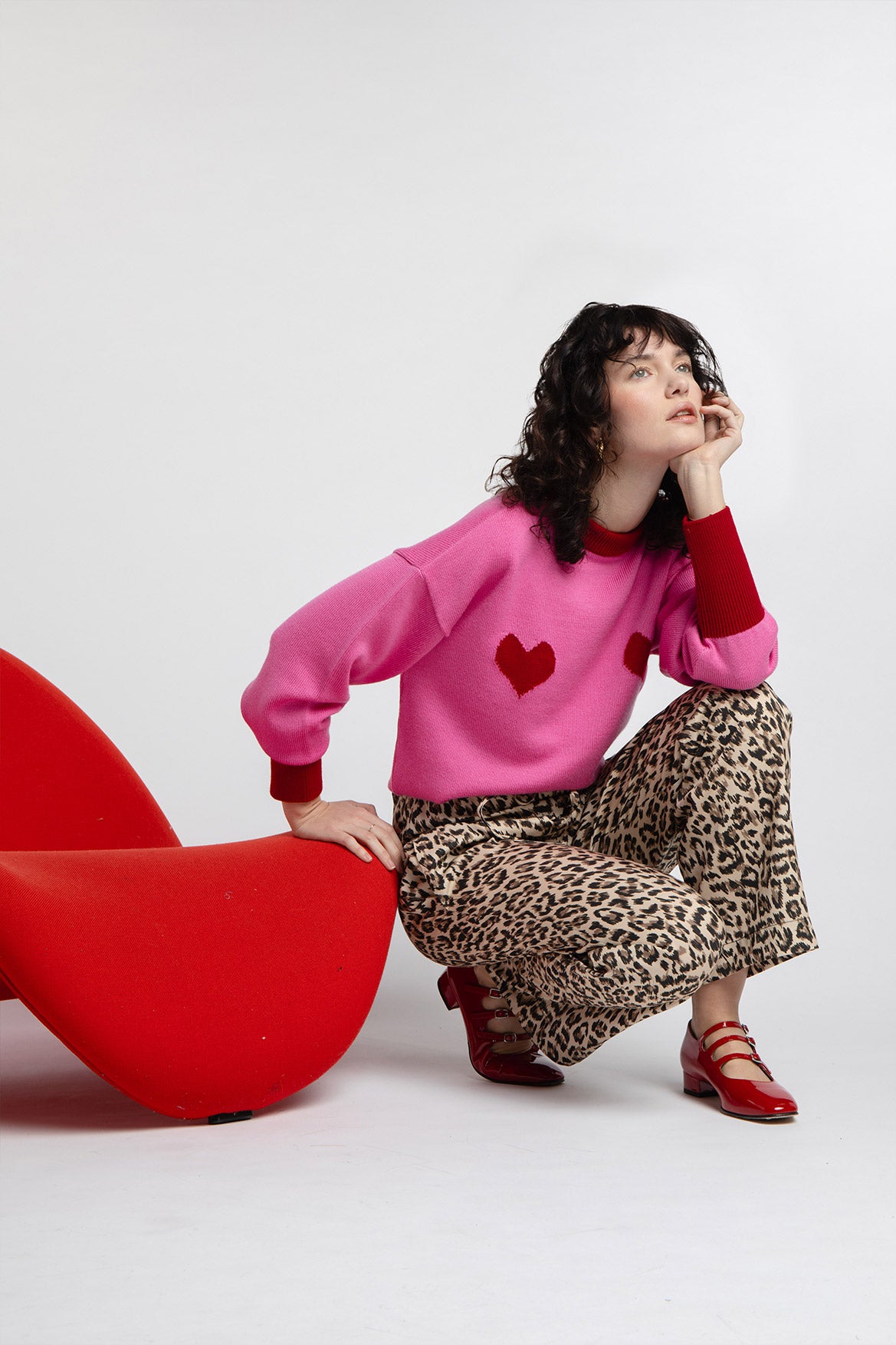 Pull Côme rose cœurs rouges