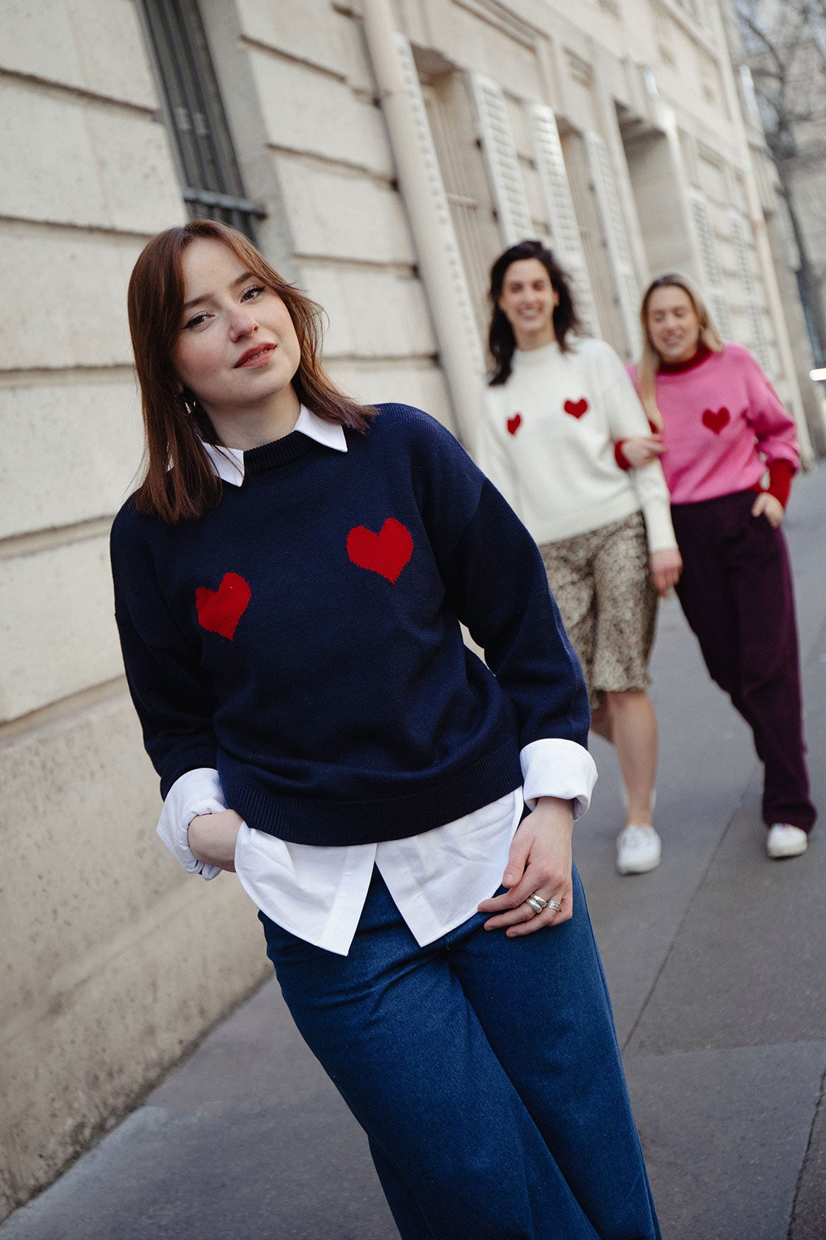 Pull Côme marine cœurs rouges