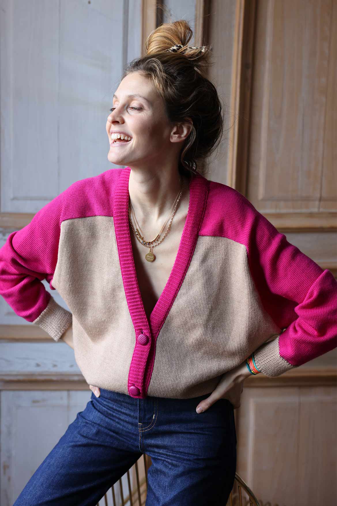 Denise beige and fuchsia wool vest